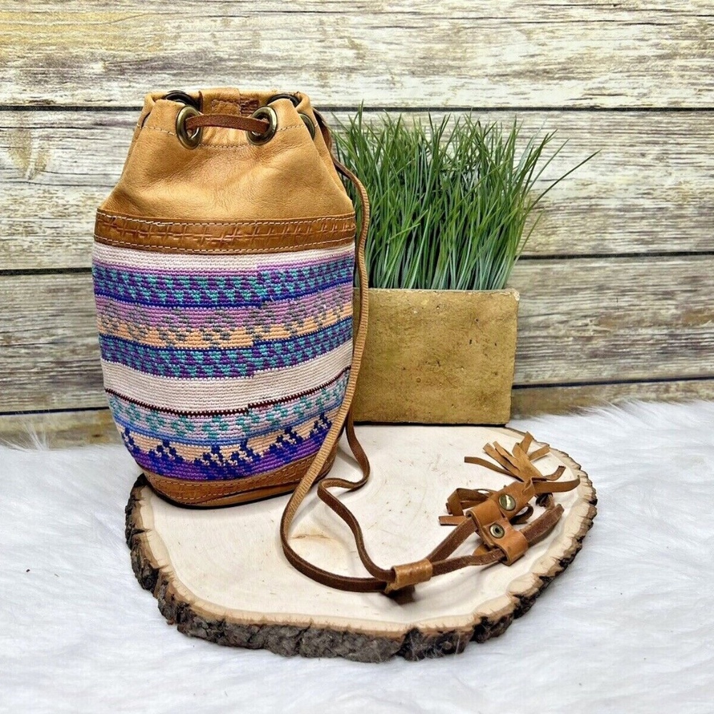 Artisan Multicolor Woven Leather Trim Boho Handmade Small Drawstring Pouch Purse